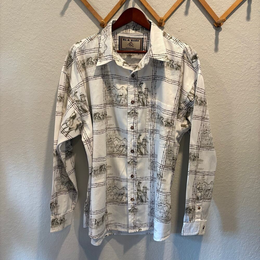 BIT & BRIDLE OUTFITTERS Landscape Design Button-Up Shirt Brown/Tan Sz XL Western
